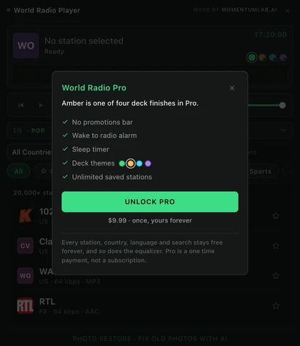 The World Radio Pro panel inside the extension, listing no promotions bar, wake to radio alarm, sleep timer, deck themes and unlimited saved stations, above an Unlock Pro button reading $9.99 once, yours forever.